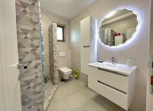 a bathroom with a sink and a toilet and a mirror at Pista house in Beograd
