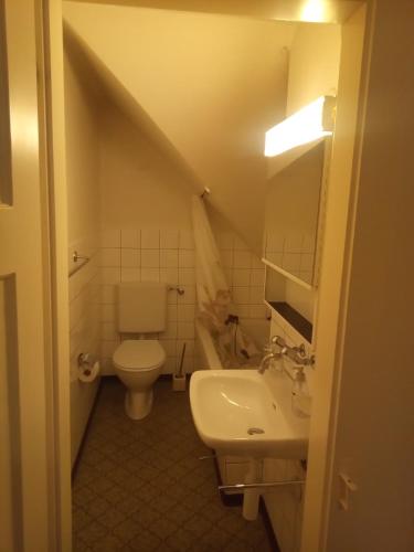a bathroom with a white toilet and a sink at Gästezimmer Stadtpark in Biel