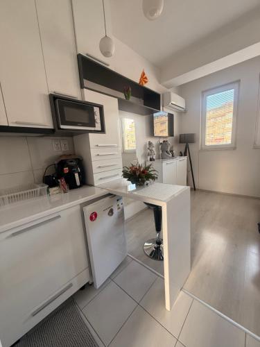 kuchnia z blatem i białą lodówką w obiekcie M & M Apartment w Ochrydzie