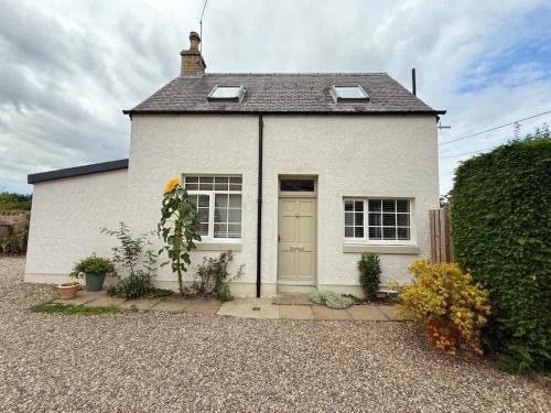 a white house with a door in a yard at Robins Nest Cottage in Blairgowrie