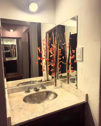 a bathroom with a sink and a large mirror at Moon of Salta in Salta