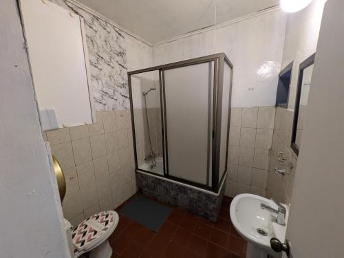 a bathroom with a shower and a toilet and a sink at Hostel INK - Duerme Como En Casa in Concepción