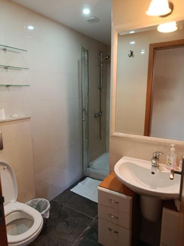 a bathroom with a shower and a toilet and a sink at BellaVita City Faro in Faro