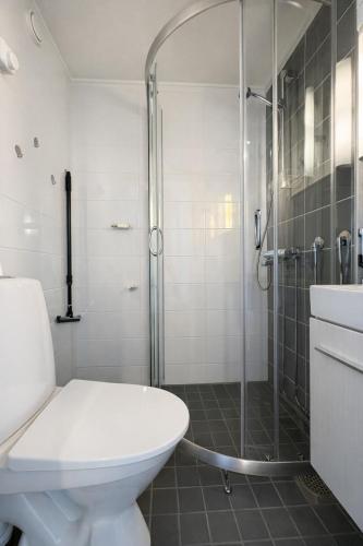 a white bathroom with a shower and a toilet at Helmi Pori Centrum in Pori