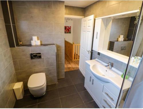 a bathroom with a toilet and a sink at Leamington Spa House with 4 Bedrooms in Leamington Spa