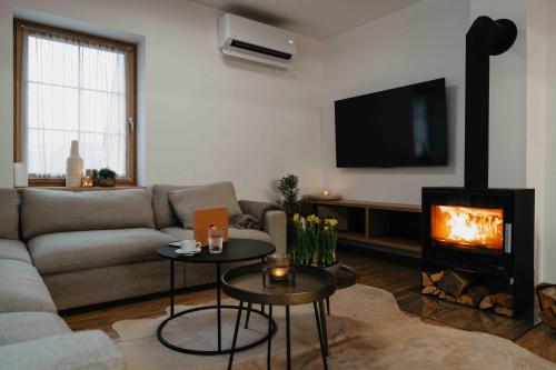 a living room with a couch and a fireplace at Designové chalupy v Jeseníkách - Přemyslovské stráně in Kociánov