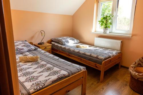 a bedroom with two beds and a window at Agroturystyka ZIELONA ZAGRODA w Kosztowej in Dubiecko