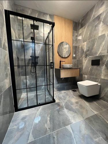 a bathroom with a shower and a toilet and a sink at Villa Luxury Crystal center in Bihać