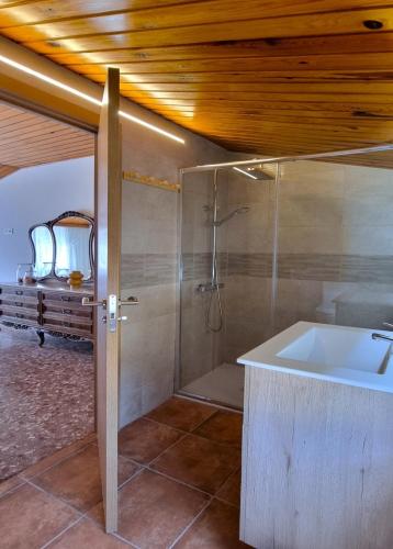 a bathroom with a shower and a sink and a tub at Las raíces de los abuelos in Guadalix de la Sierra