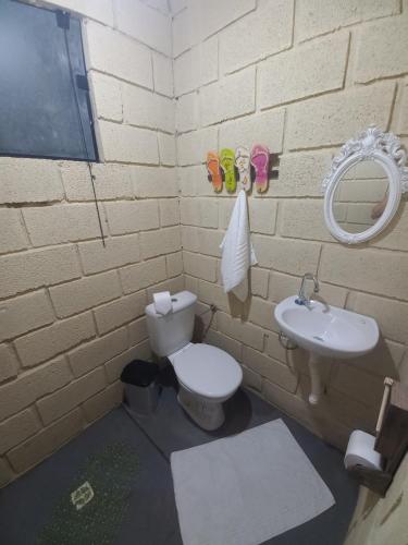 a bathroom with a toilet and a sink at Chalé Pingo de Ouro Socorro SP in Socorro