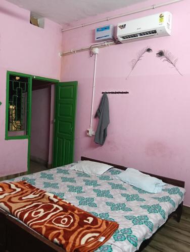a bedroom with a bed and a green door at Hotel Swapnapuri in Bhubaneshwar