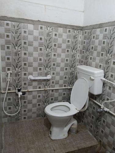 a bathroom with a toilet and a tile wall at Hotel Swapnapuri in Bhubaneshwar