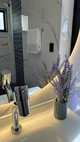 a bathroom with a sink with a plant on it at Cabana Sabá in Ibiúna