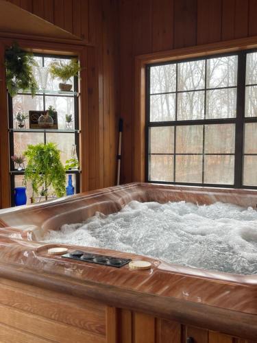 a hot tub in a room with two windows at Huckleberry Hideaway in Minden