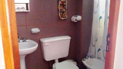 a small bathroom with a toilet and a sink at Hotel Frontera in La Quiaca