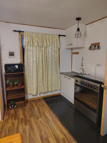 a kitchen with a sink and a stove at Cabaña Evaristo Ivan in Frutillar
