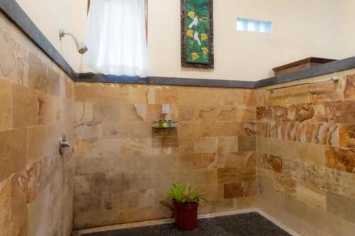 a bathroom with a stone shower with a plant in it at Secret Forest Hideaway near Ubud in Bangli