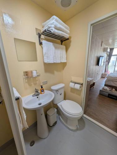 a bathroom with a toilet and a sink and a shower at Travel Light in Tainan
