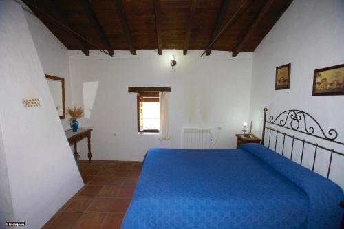 Un dormitorio con una cama azul y una ventana en Rancho Calvillo, en Prado del Rey