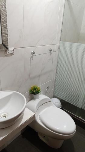 a bathroom with a toilet and a sink and a shower at Hospedaje Dajoka's in Lima