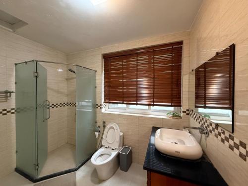 a bathroom with a sink and a toilet and a shower at Spuds&Bunks Hostel in Hanoi