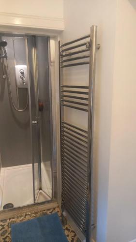 a shower stall in a bathroom with a blue rug at The Hideaway in Peebles