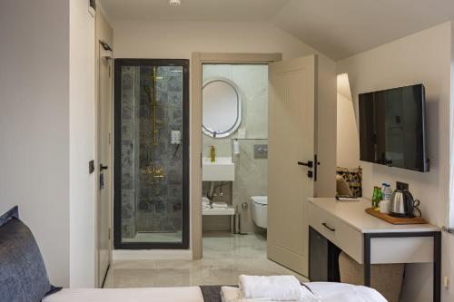 a bathroom with a sink and a toilet and a television at Safir Termal & Spa Otel in Çekirge İstasyonu