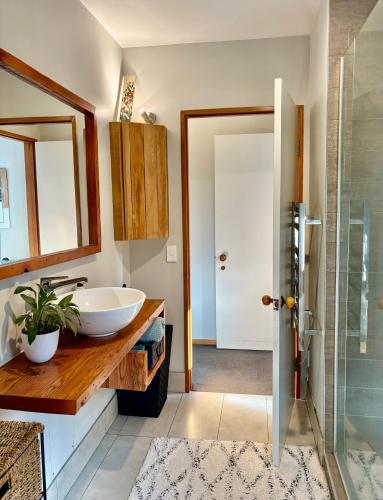 a bathroom with a sink and a glass shower at Sun Views Forest yet close to town in Queenstown
