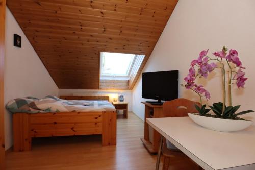 a living room with a bed and a table at Doppelzimmer Schwarzwaldharmonie mit gem. Küche in Todtmoos