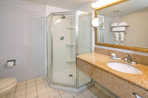 a bathroom with a shower and a sink at Comfort Hotel & Suites in Peterborough