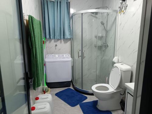 a bathroom with a toilet and a shower with blue mats at Capital Transit Hub in Port Moresby