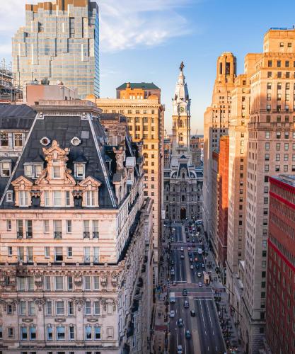 an aerial view of a city street with tall buildings at The Bellevue Hotel, in the Unbound Collection by Hyatt in Philadelphia