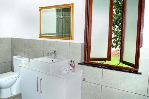 a bathroom with a sink and a toilet and a mirror at Inn and Out Plus Craighall in Johannesburg