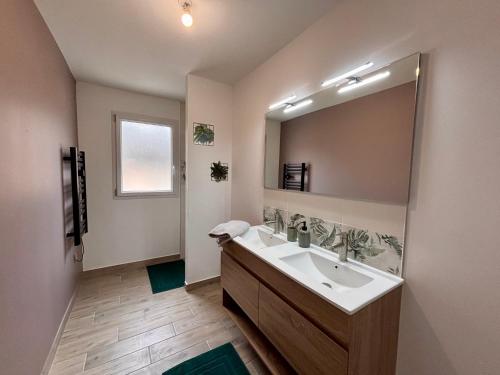 a bathroom with a sink and a large mirror at maison 24 couchages in Clermont-Créans