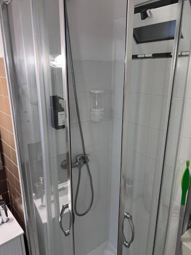 a shower with a glass door in a bathroom at coração alfama in Lisbon