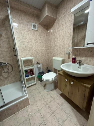 een badkamer met een toilet, een wastafel en een douche bij Top Spot Studio in Ohrid