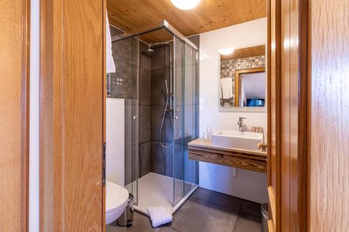 a bathroom with a shower and a toilet and a sink at Hotel ZUM STERNENHOF in Kössen