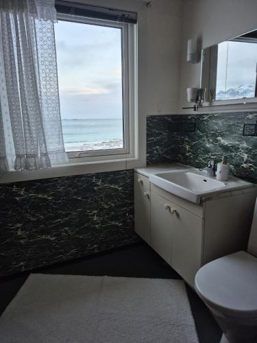 a bathroom with a sink and a window with the ocean at House by Ramberg Beach in Ramberg