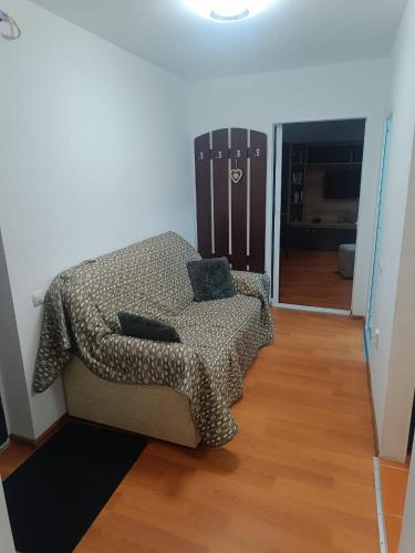 a bedroom with a bed and a couch with a blanket at Apart Robert 1 in Bicaz