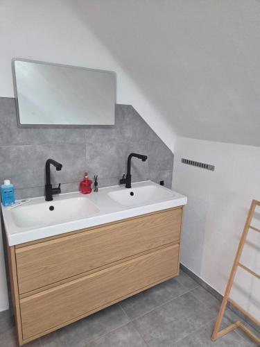 a bathroom with a white sink and a mirror at Lux-Bau - Stilvoll und modern in Schmelz