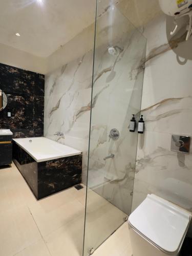 a bathroom with a shower and a toilet and a sink at Royal Palm Inn in Jāmb