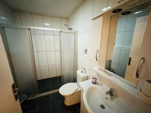 a bathroom with a toilet and a shower and a sink at Stone Home Apart in Istanbul