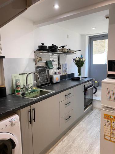 a kitchen with a sink and a counter top at Central London Flat 2 bathrooms in London
