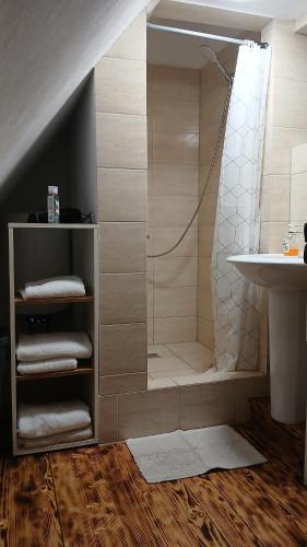 a bathroom with a shower and a sink at Peter Cottage in Petrilaca de Mureş