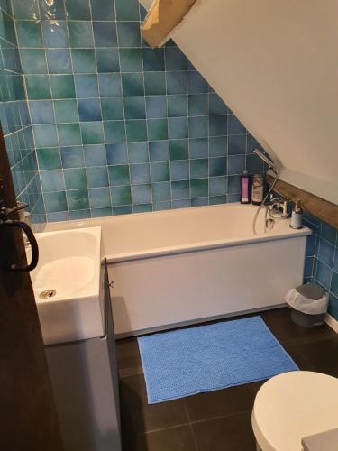 a bathroom with a tub and a sink and a toilet at Lamb Cottage Bed and Breakfast in Box