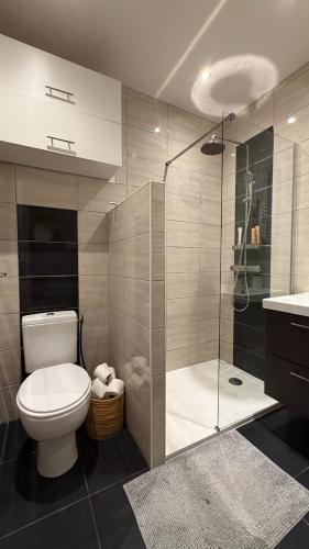 a bathroom with a toilet and a glass shower at Le Green d'Apigné in Le Rheu