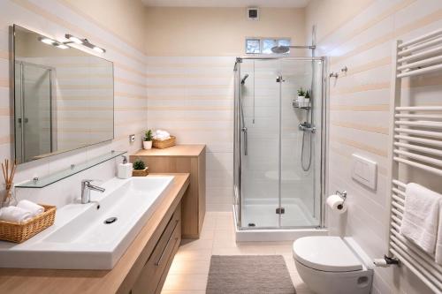 a bathroom with a shower and a sink and a toilet at Residence Prestige - Pineto Vacanza in Pineto