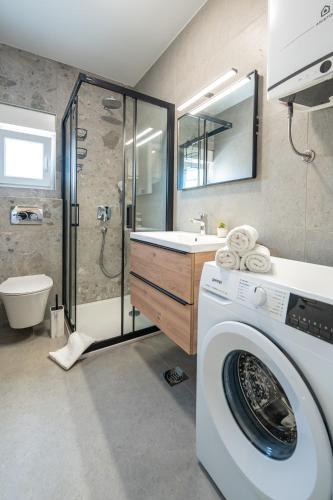 a washing machine in a bathroom with a shower at Apartments Olive Gardens 2 in Novalja