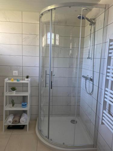 a shower with a glass door in a bathroom at Petite maison de village in Ancerville