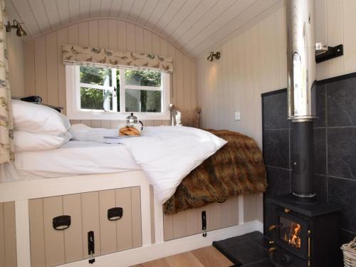 a bedroom with a bed and a stove in it at 1 Bed in Hereford oc-78641 in Callow